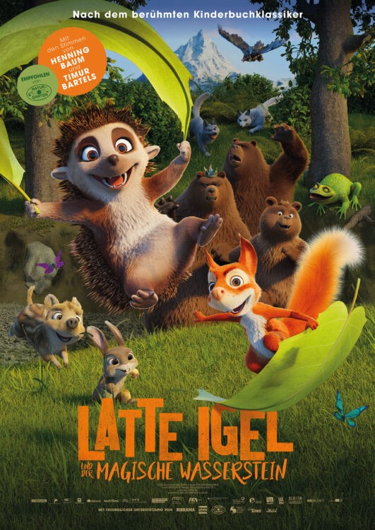 Auf dem Foto sieht man einen Igel und einen Fuchs, Hasen und Bären, die auf einer Wiese tanzen. Das ganze ist gezeichnet.