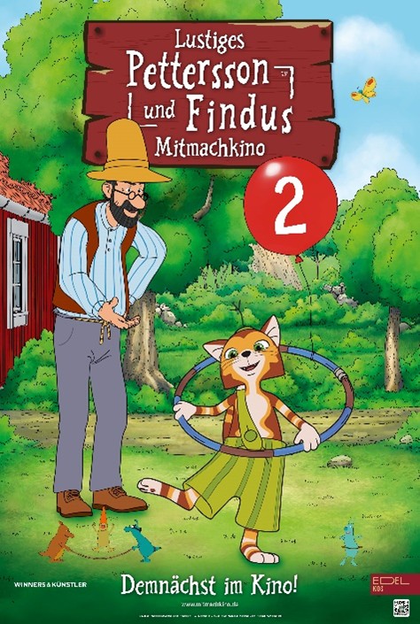 Auf dem Bild ist als Zeichnung folgendes zu erkennen: Ein älterer Mann mit Hut, einem blauen Hemd und einer grauen Hose stehlt in einem Garten, neben seinem roten Haus. Neben ihm steht ein rot-weißer Kater. er trägt eine grüngestreifte Hose und hat einen Hula Hoop-Reifen um seinen Körper.