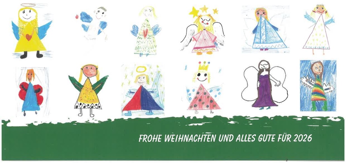 Auf der Weihnachtskarte sind 12 gemalte Engel zu sehen und darunter auf einem grünen Hintergurnd den Text - Frohe Weihnachten und alles Gute für 2026